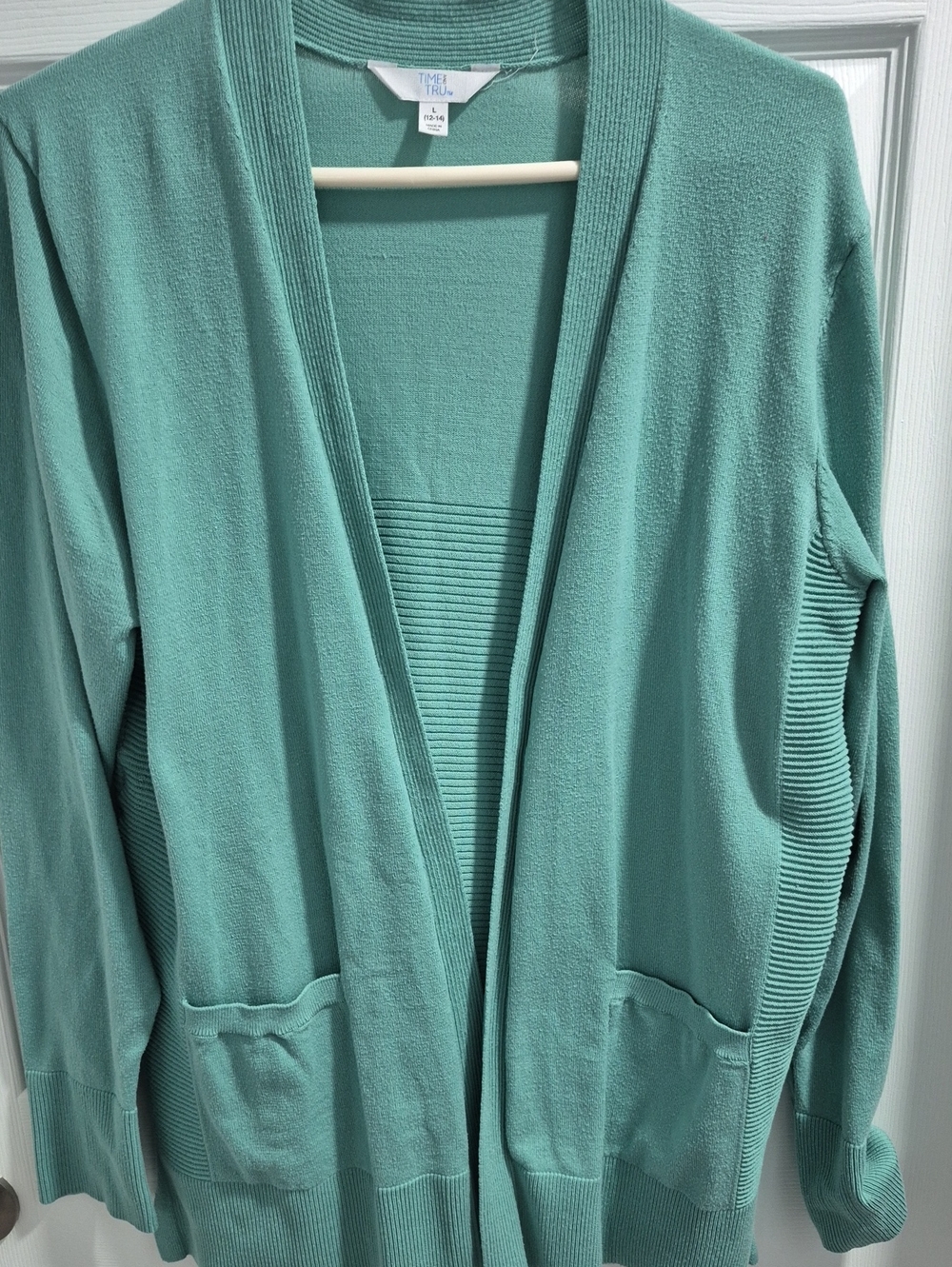 Time and Tru Seafoam Open-Front Ribbed Cardigan - Picture 1 of 6